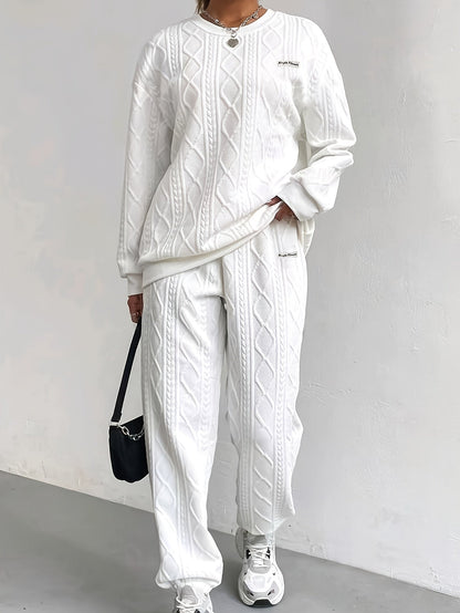 Women's 2-Piece Pullover Sweatsuit Set – Textured Jacquard Crewneck Long Sleeve Top & Sweatpants Tracksuit Breathable Casual Loungewear for Spring Summer S-XXL