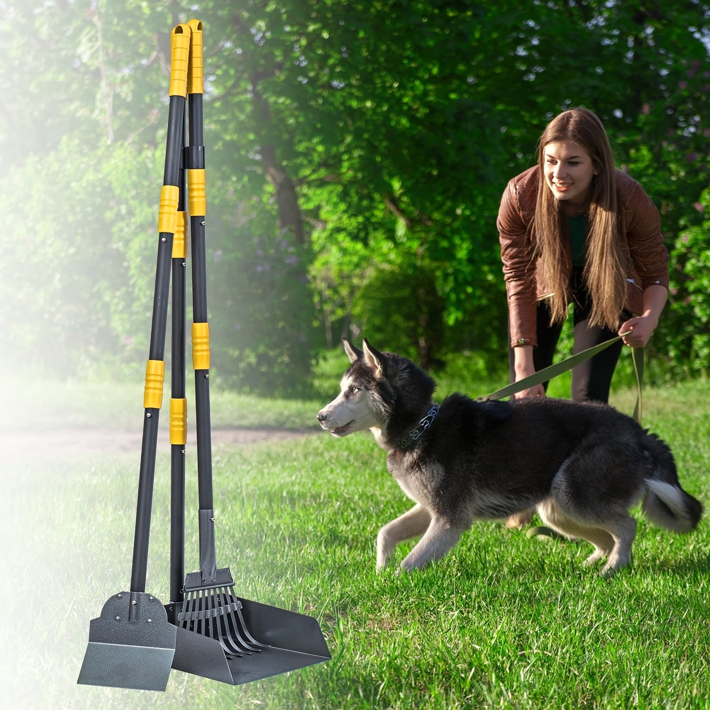 Stainless Steel Dog Pooper Scooper Set with Adjustable Long Handle – Rust-Proof Tray & Rake Pet Waste Removal Tool, No Bending, Easy to Clean, Ideal for All Dog Breeds, Outdoor Yard & Grass Use