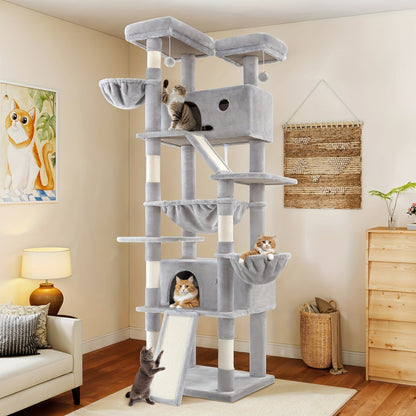 WEEWAY Corner Cat Tree Tower for Indoor Cats 36–81 Inch – Multi-Level Cat Furniture with Sisal Scratching Posts, Condo Cave, Hammock, Ramps, Plush Perches, Basket & Pompom Toys, Perfect Cat Gift