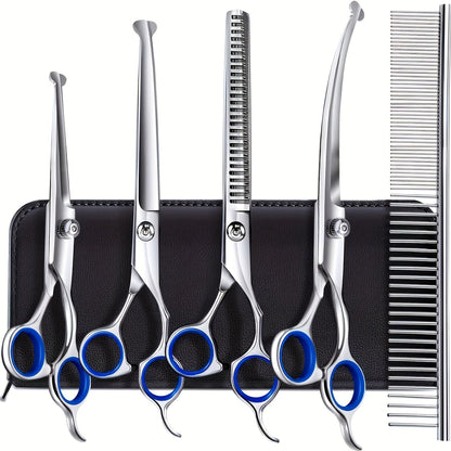 Professional Dog Grooming Scissors Set 6-in-1 – Titanium Coated 4CR Stainless Steel, Safety Round Tips, Left & Right Hand Universal, Heavy Duty Pet Grooming Shears for Dogs, Cats & All Animals