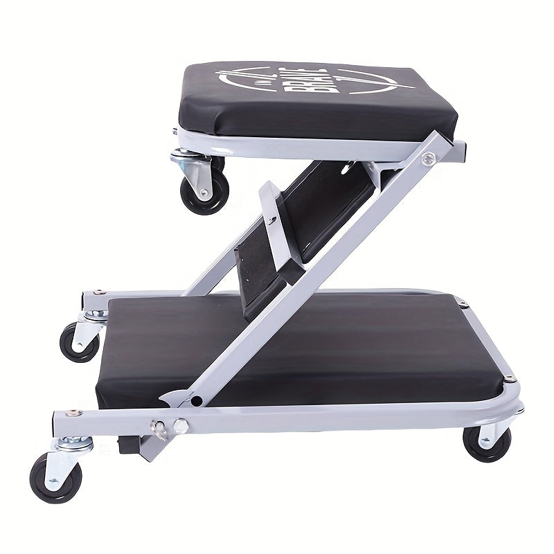 36 Inch Heavy Duty 3-in-1 Folding Mechanic Creeper with Adjustable Z-Seat - 6 Lockable Swivel Casters, 350-650 Lb Capacity, Vinyl Padded Seat & Headrest, Professional Automotive Repair Crawler