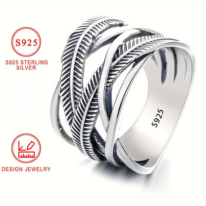 925 Sterling Silver Feather Ring Vintage Hip Hop Infinity Cross Band Fashion Jewelry for Women and Men Sizes 6 7 8 9 10 Daily Wear Gift