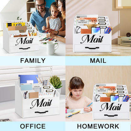 Large Solid Wood Desktop Mail Organizer with Drawer and 4 Compartments Labelable Dividers for Files Letters Paper Folders Desk Organizer for Home Office Students and Professionals