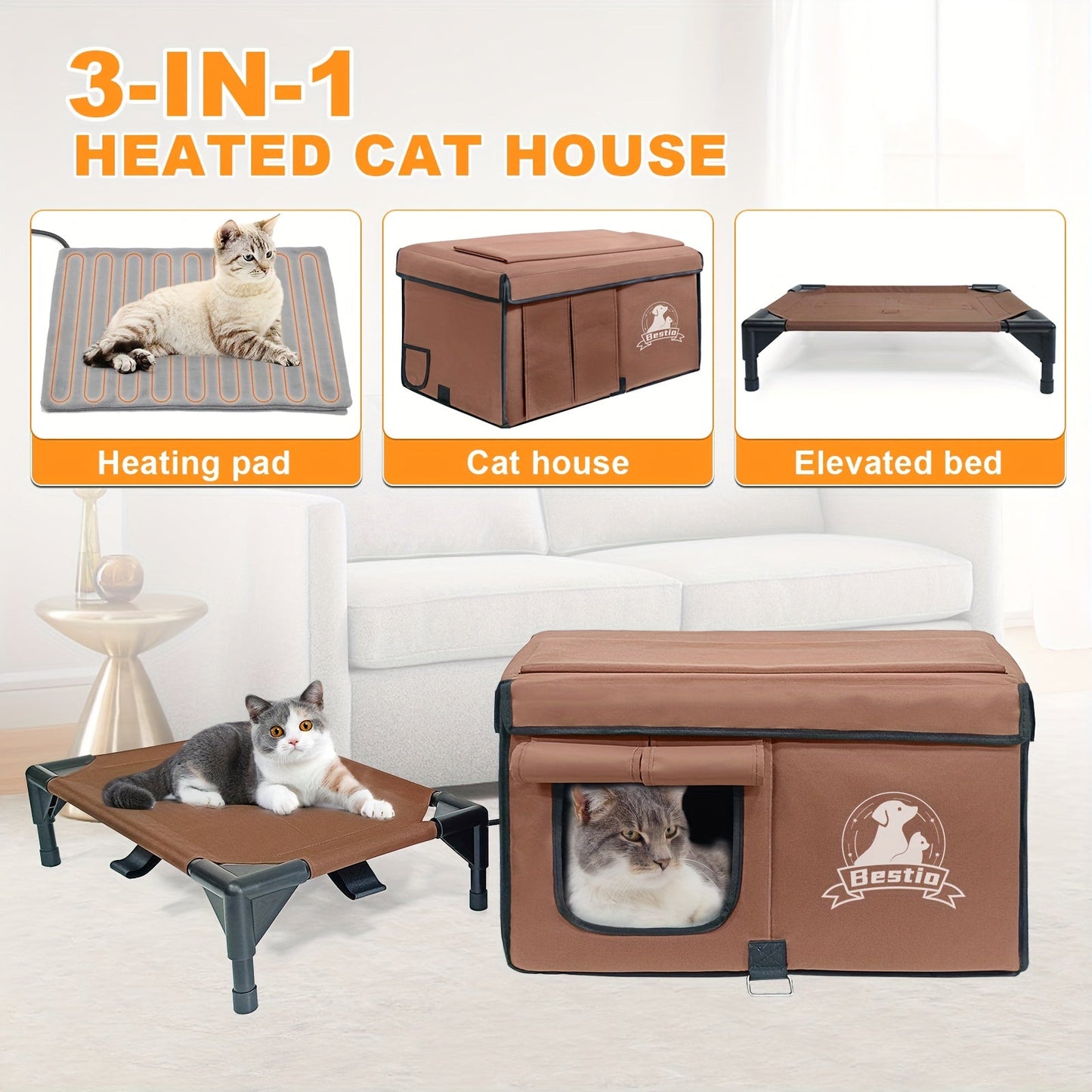 3-in-1 Heated Cat House with Removable Warming Pad & Elevated Bed – Chew-Resistant Cord, Double Door, All-Season Indoor Outdoor Cat Shelter Cave Condo for Cats Kittens & Small Dogs