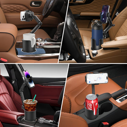 Car Phone Cup Holder Mount 2-in-1 Swivel 360° Rotation Universal Fit for Cars SUVs Trucks with Shock Absorption Trim - Black Extender