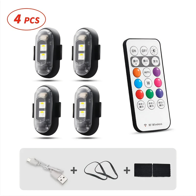 Wireless LED Strip Lights 8-Color Anti-Collision Warning Light with Remote Control – USB Rechargeable Waterproof LED Strips for Car Motorcycle Drone Bike, 4-Pack & 6-Pack
