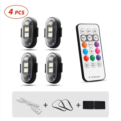 Wireless LED Strip Lights 8-Color Anti-Collision Warning Light with Remote Control – USB Rechargeable Waterproof LED Strips for Car Motorcycle Drone Bike, 4-Pack & 6-Pack