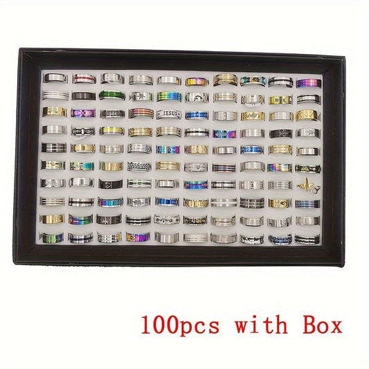 100 Pcs Stainless Steel Rings Bulk Set with Box – Assorted Mixed Styles Heart & Stripe Bands for Women, Men & Couples, Colorful Wholesale Jewelry Gift Pack, Random Assortment