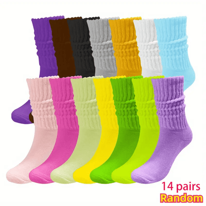 Women's Crew Socks 14 Pairs – Soft Thick Loose Socks Mixed Solid Colors, All-Season Comfortable Sports Leisure Socks, Machine Washable, Christmas Halloween Gift Set