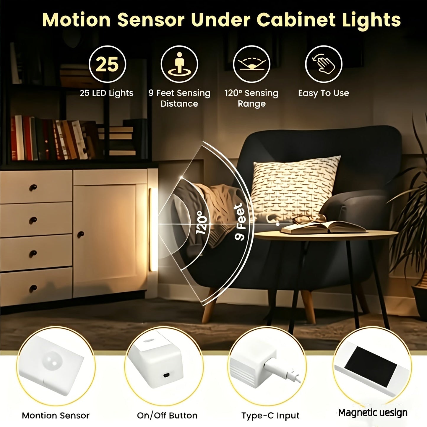 Motion Sensor LED Cabinet Light USB Rechargeable – Smart Wireless Under Cabinet Lighting, 3-Speed Dimming, Night Light for Kitchen, Bedroom, Closet, Stairs, Hallway – 6 Pack or 3 Pack
