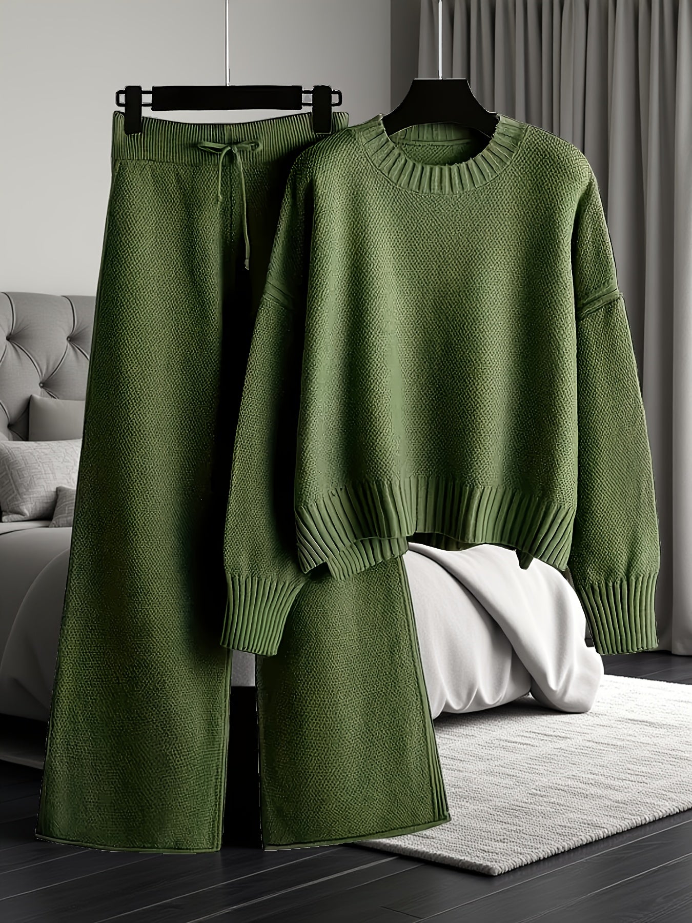 Women's Loose Knit Two-Piece Set – Round Neck Drop Shoulder Sweater & High Waist Wide Leg Drawstring Pants, Retro Casual Cozy Outfit, 10 Colors, Sizes S-XXL