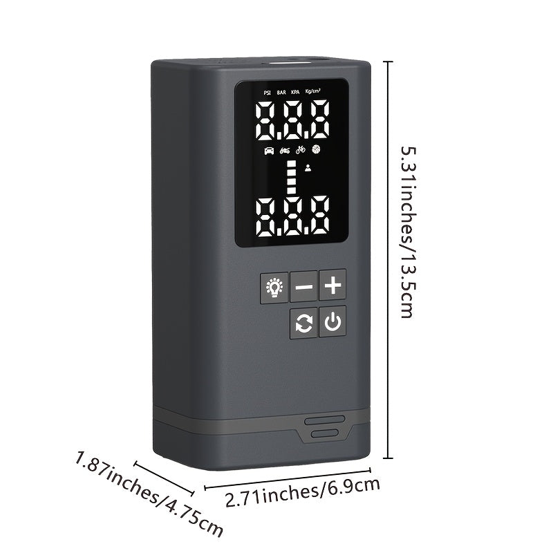 Portable Tire Inflator Air Compressor Wireless – USB Rechargeable, Digital Display, LED Light, Multi-Nozzle Adapter, Lithium Battery, Fits Car, Motorcycle, Bicycle, Sports Balls