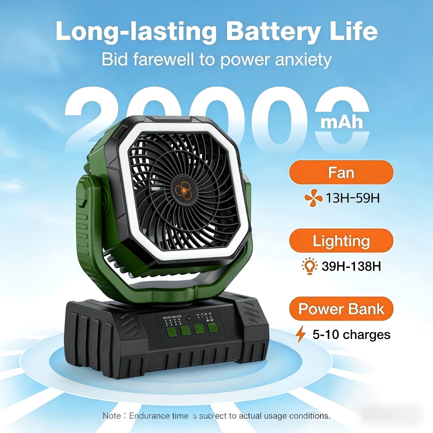Battery Powered Camping Fan 20000mAh 59H Runtime – Rechargeable Portable Oscillating Fan with Remote, 4 Speeds, LED Light & Hook for Tent Outdoor Patio Garage Hurricane Power Outage