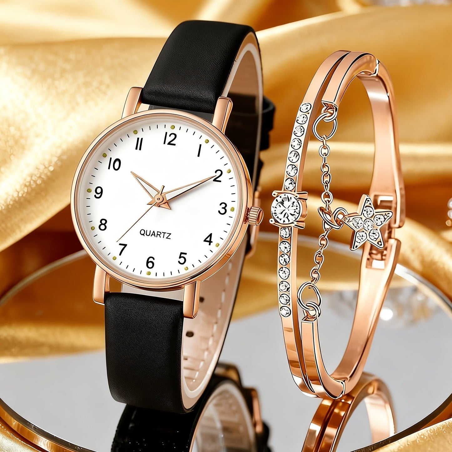 Rhinestone Heart Watch Set for Women – 2 Quartz Watches with Faux Leather Strap, Rose Gold & Pink Bracelet Wristwatch Gift Set for Valentine's Day, Birthdays & Parties