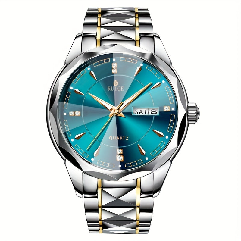 RUIGE Men's Fashion Quartz Watch – Night Light, Dual Calendar, Diamond Shaped Mirror Dial, Stainless Steel Case, Alloy Strap, Business Casual Wristwatch, Perfect Father's Day Gift for Men