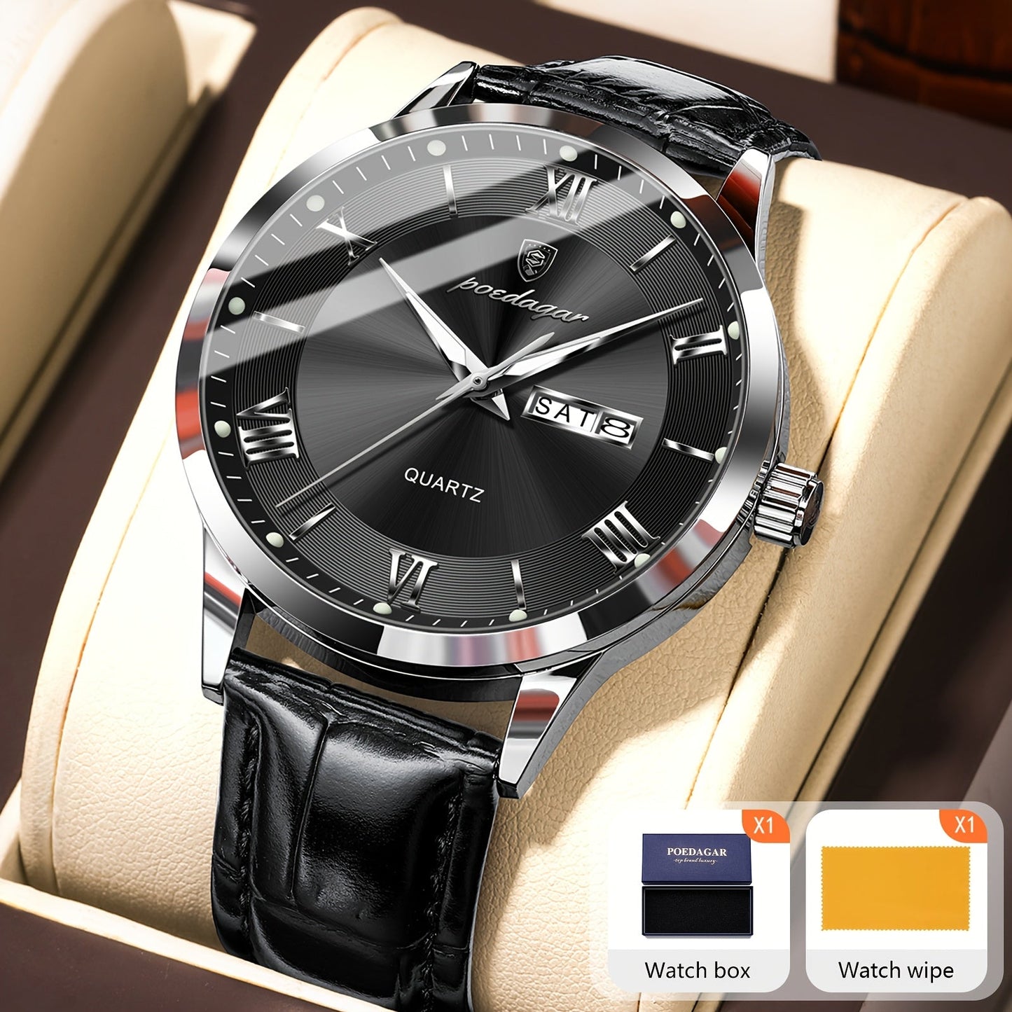 POEDAGAR Men's Quartz Watch Waterproof Luminous Dial Calendar Week Display – Casual Sports Analog Wristwatch Alloy Case 11 Colors Silver Gold Black Blue Gift for Men