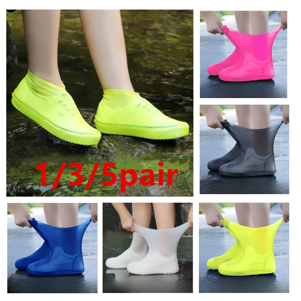 Reusable Latex Rain Boot Shoe Covers Waterproof Overshoes for Men Women & Kids – 5 Pairs Mixed Colors, One Size Fits All (EU 34-45), Durable Non-Slip Rain Protection for Outdoor Use