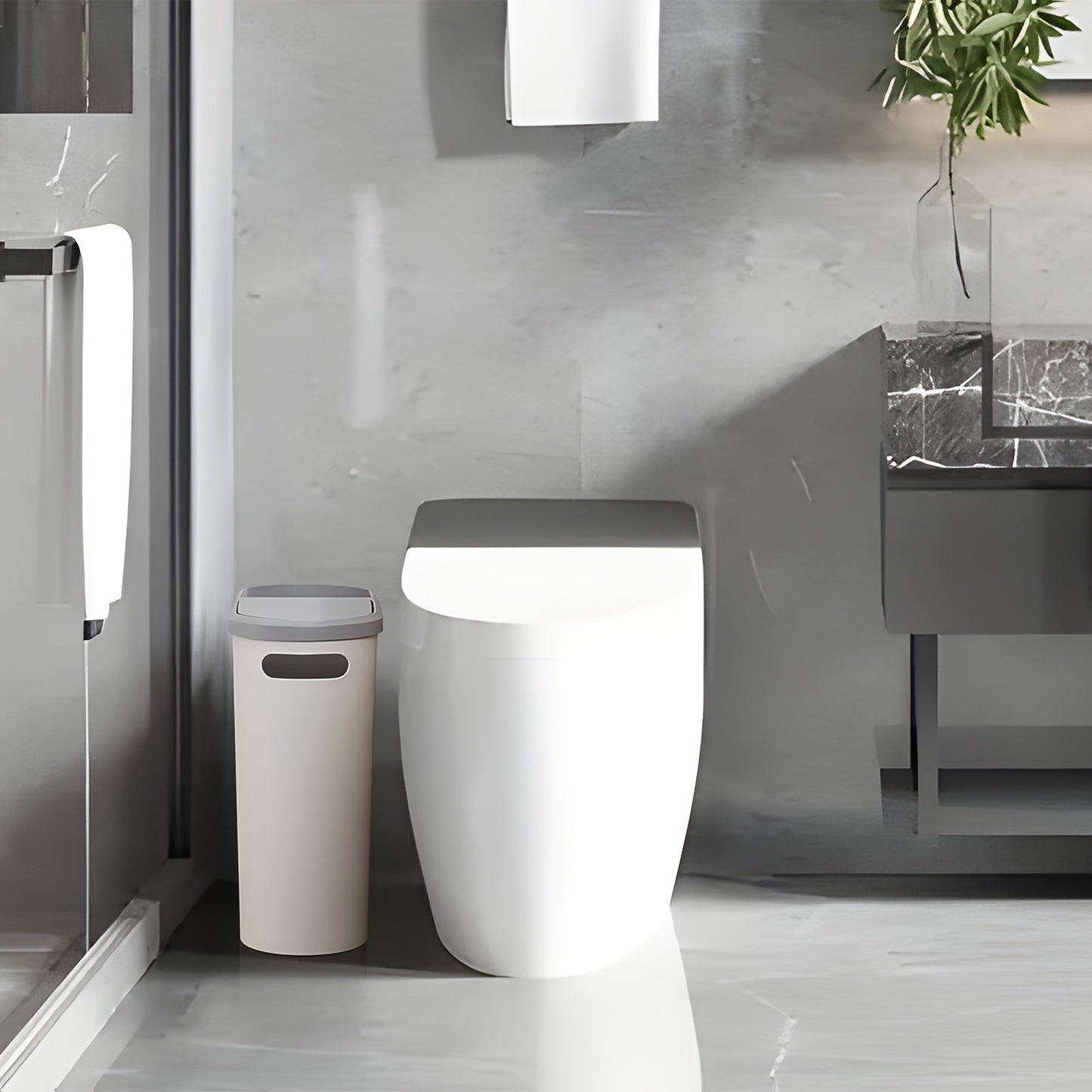 Small Bathroom Trash Can with Built-In Handles 2/1 Pack – Rustproof Plastic Wastebasket, Space-Saving Design for Bathroom, Laundry Room & Home Office, Includes Trash Bags