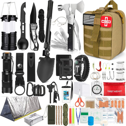 Professional Survival Gear Kit 14, 152 or 258 Piece – Outdoor Emergency Survival Equipment with Fire Starter, Compass & Multitool for Camping, Hiking & Adventure, Best Gift for Men & Women