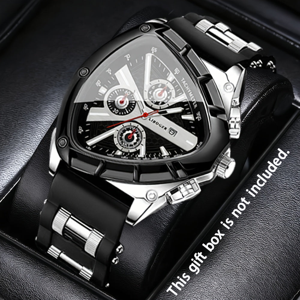 3pcs Men's Quartz Watch Set – Silicone Strap Date Display Triangular Dial, Fashion Sport Casual Wrist Watches for Men, Ideal Birthday Anniversary Gift Set