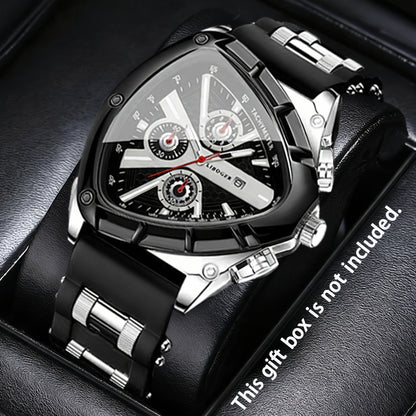 3pcs Men's Quartz Watch Set – Silicone Strap Date Display Triangular Dial, Fashion Sport Casual Wrist Watches for Men, Ideal Birthday Anniversary Gift Set
