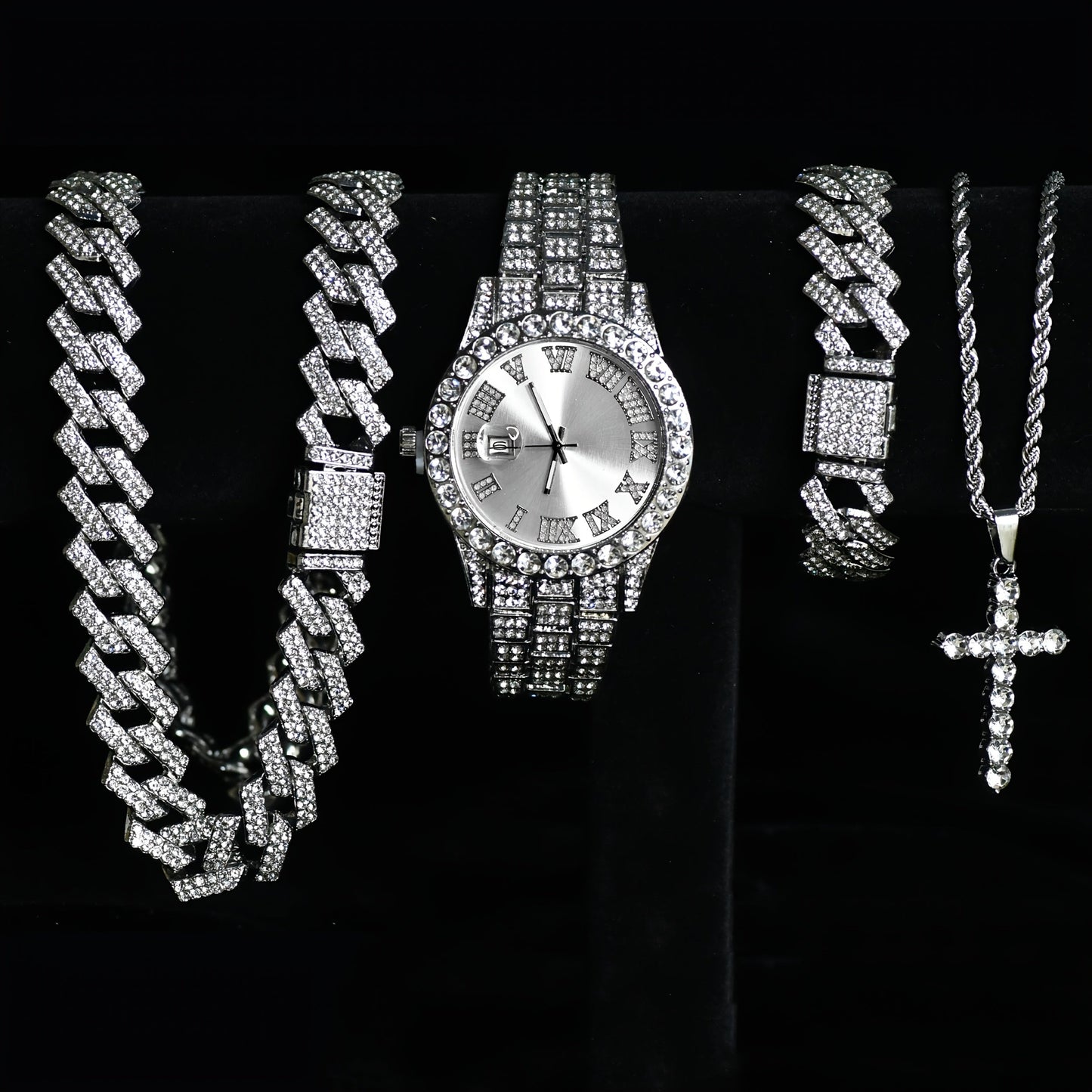 Luxury Cuban Link Jewelry Set for Men & Women – Necklace, Bracelet, Pendant & Wristwatch Full Set, Multiple Colors, Perfect Valentine’s Day, Christmas & Birthday Gift