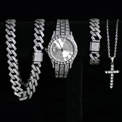 Luxury Cuban Link Jewelry Set for Men & Women – Necklace, Bracelet, Pendant & Wristwatch Full Set, Multiple Colors, Perfect Valentine’s Day, Christmas & Birthday Gift