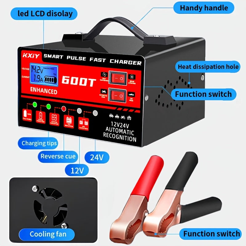 Smart Universal Battery Charger for 12V & 24V – LCD Screen, Pulse Repair & Temperature Regulation, Trickle Charger Maintainer for Car, Truck, Motorcycle, Boat, Lawn Mower & Harvester Batteries