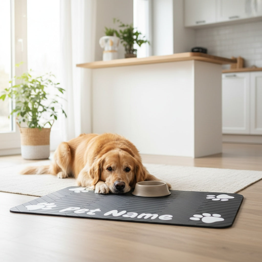Pet Feeding Mat Anti-Slip Paw Print – Waterproof Quick-Dry Dog & Cat Bowl Pad with Bone-Shaped Intervals, Stain-Resistant, Easy-Clean Pet Placemat in Brown & White