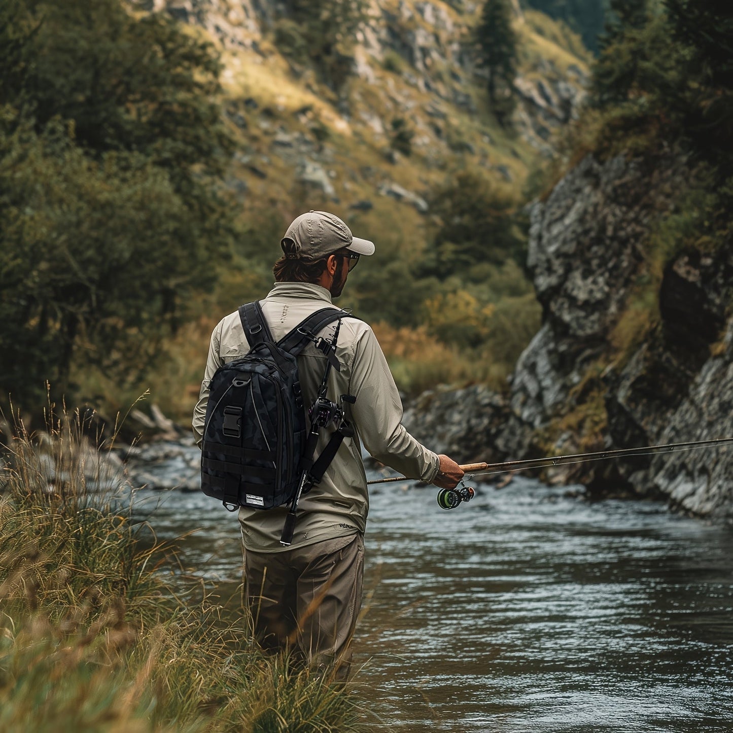 Fishing Backpack Tackle Sling Bag with Rod Holder – Waterproof Hiking Daypack Fly Fishing Bag for Men Women, Tackle Box Storage, Gift for Fisherman Dad