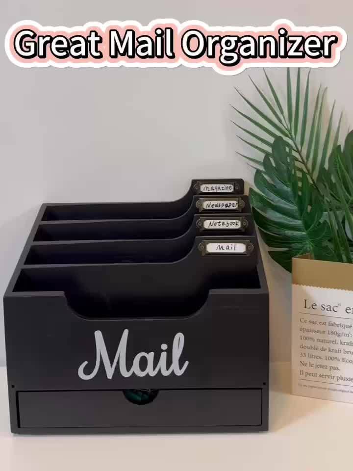 Large Solid Wood Desktop Mail Organizer with Drawer and 4 Compartments Labelable Dividers for Files Letters Paper Folders Desk Organizer for Home Office Students and Professionals