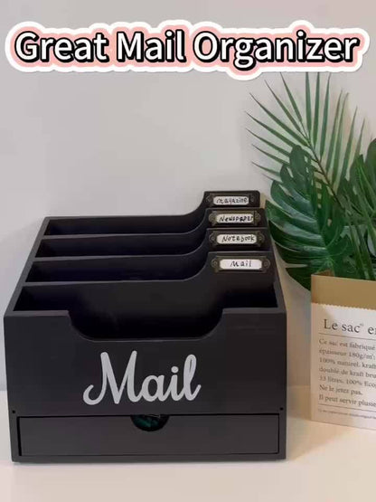 Large Solid Wood Desktop Mail Organizer with Drawer and 4 Compartments Labelable Dividers for Files Letters Paper Folders Desk Organizer for Home Office Students and Professionals
