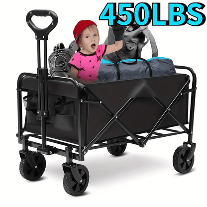 Heavy Duty Folding Wagon Cart 330-450 lbs Capacity, All-Terrain Iron Frame & 800D Oxford Fabric, Foldable Utility Pull Cart No Assembly Required for Camping, Beach, Garden, Sports & Outdoor Use