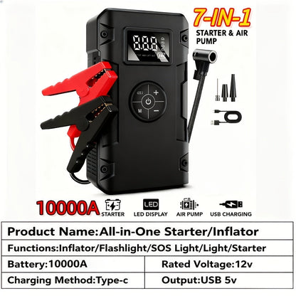 Car Jump Starter 10000A 7-in-1 with 150PSI Air Pump – Portable Battery Booster for Gas & Diesel Engines, High-Pressure Pump, Vehicle Emergency Kit, Power Bank