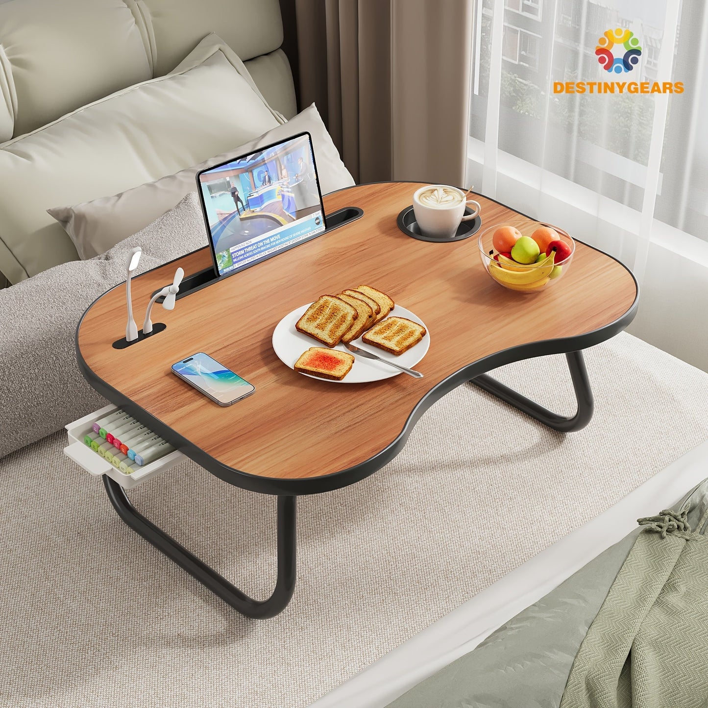 Lap Desk for Laptop with USB Port Storage Drawer & Cup Holder – Walnut Wood Bed Tray Table for Eating Writing Sofa Couch Adults Students