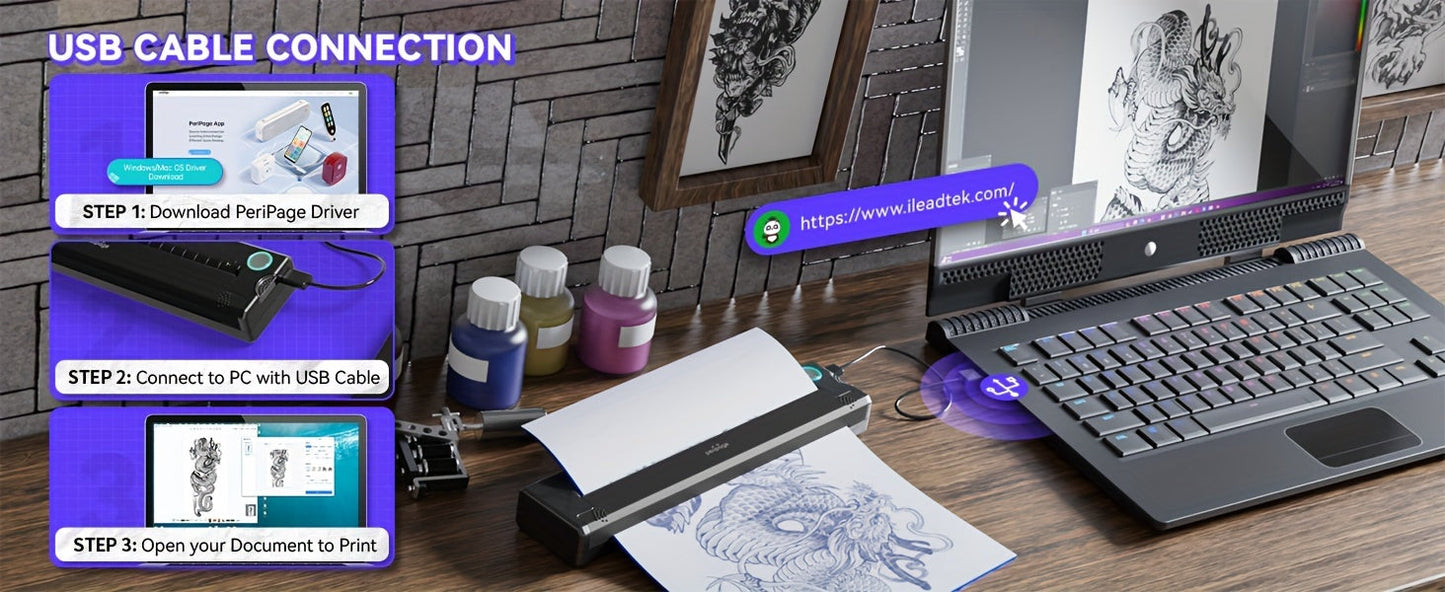 Peripage P90 Tattoo Stencil Printer – Portable Thermal Printer for Tattoo Transfer Paper, Compatible with iOS Android & PC, Mini Wireless Printer Includes 5pcs A4 Transfer Paper, Gift for Tattoo Artists