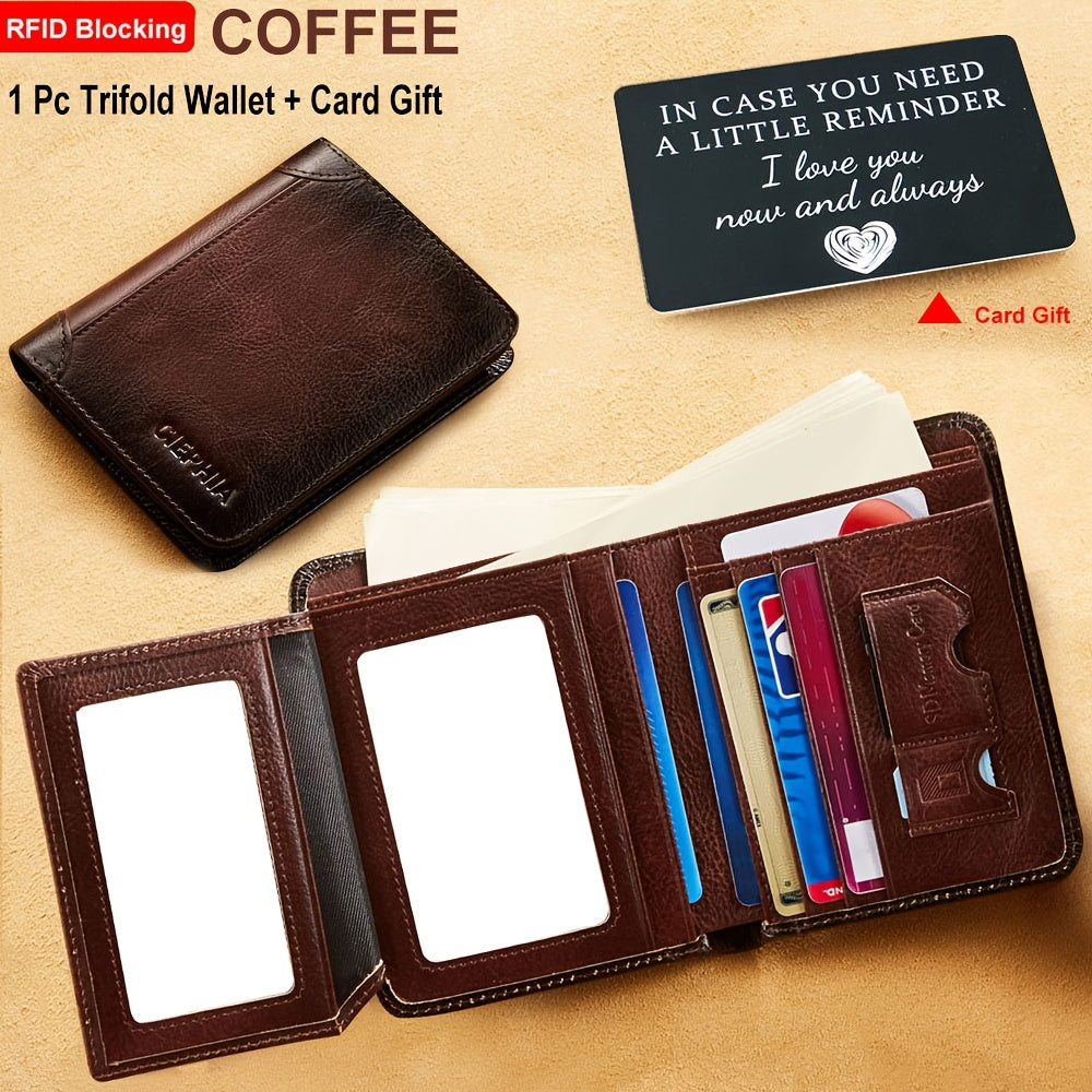 RFID Blocking Genuine Leather Wallet for Men Trifold Cowhide Vintage Credit Card Holder 2 ID Windows Money Clip Cash Slots Father's Day Gift for Dad Husband