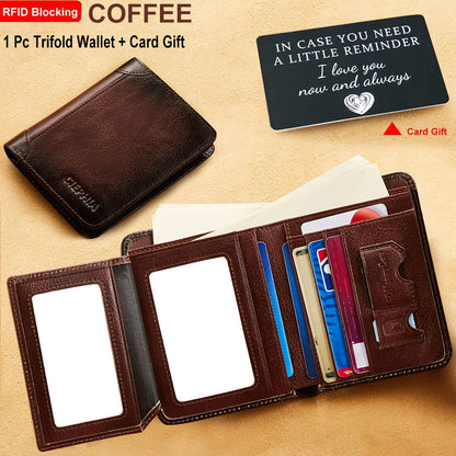 RFID Blocking Genuine Leather Wallet for Men Trifold Cowhide Vintage Credit Card Holder 2 ID Windows Money Clip Cash Slots Father's Day Gift for Dad Husband