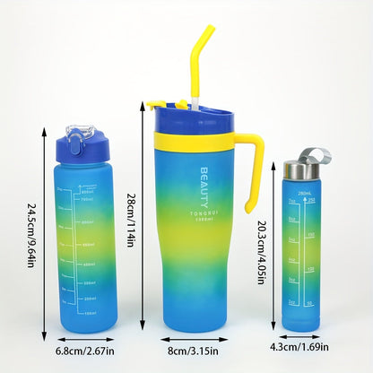 3-Pack Water Bottles Set 46oz 27oz 9.5oz with Straw Lid & Handle – BPA-Free Insulated Travel Cups for Gym Hiking Camping Fitness & Outdoor Sports, Leak-Proof Reusable Drinking Bottles