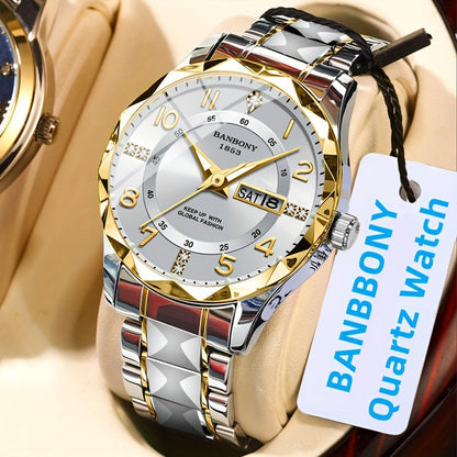 Stainless Steel Quartz Watch for Men & Women - Rhinestone Round Dial Luminous Display, Fully Automatic Multifunctional IPX7 Waterproof Wristwatch for Casual Sports, Holiday Birthday Gift