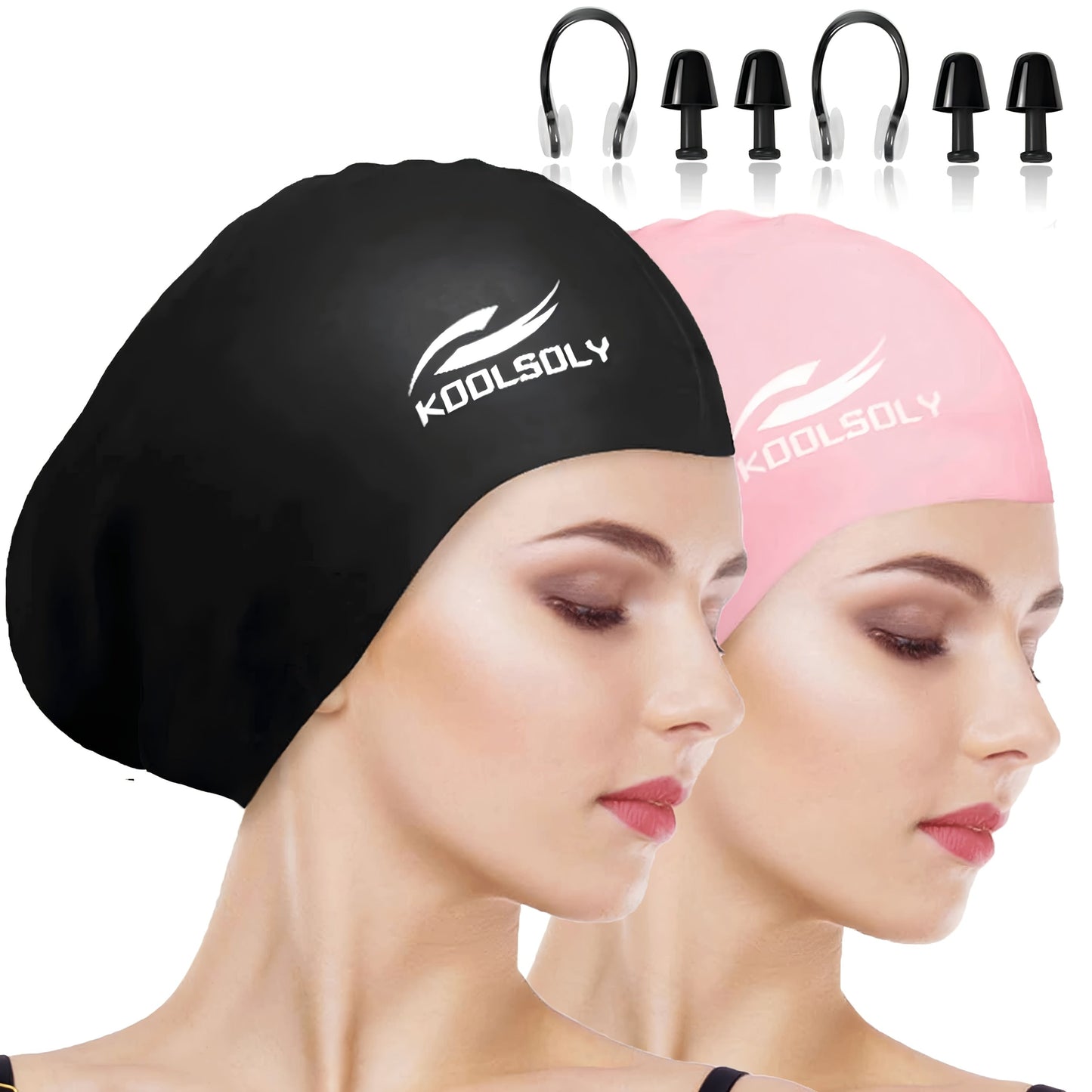 Silicone Swimming Cap 2 Pack with Ear Protection for Long Hair – Includes Earplugs & Nose Clip, Waterproof Swim Cap Set, 11 Color Options for Women Men Adults