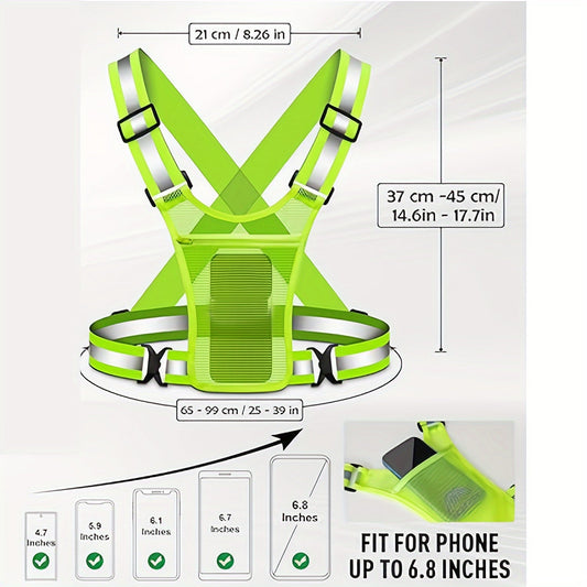Reflective Running Vest 2-Pack with Phone Holder & 2 Reflective Bracelets – High Visibility Safety Gear for Men Women Jogging Dog Walking Cycling