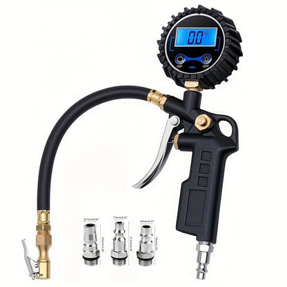 Digital Tire Inflator with Pressure Gauge – 200 PSI LCD Backlight, 4 Units (PSI/BAR/KPA/KGF), Brass Chuck, 3 Connectors, for Car, Truck, Motorcycle & Bike | Velora
