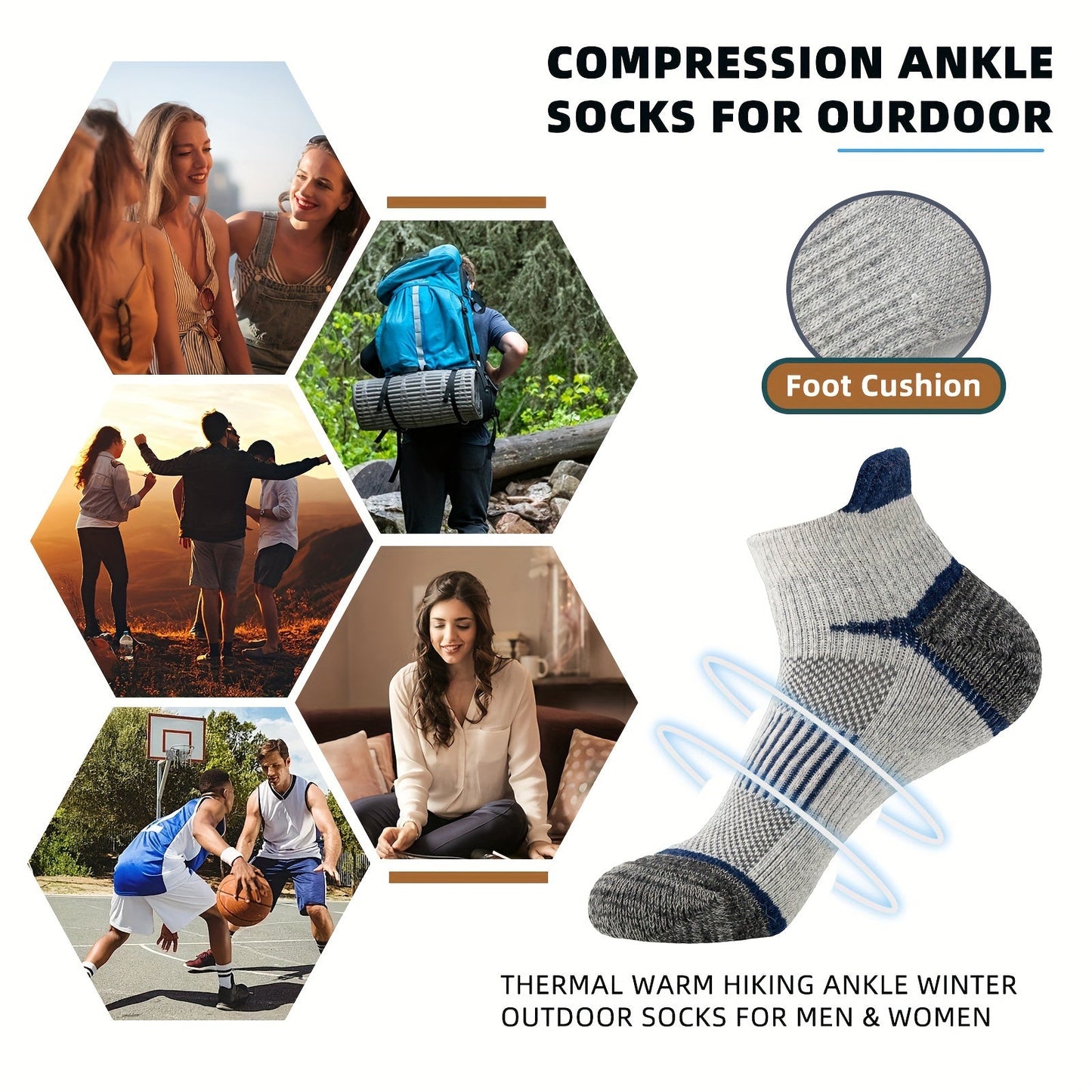 6 Pairs Merino Wool Hiking Socks for Men & Women, Cushioned Ankle Running Work Socks with Compression Support, Sweat-Absorbing Breathable Low Cut Invisible Design – Great Gift Idea