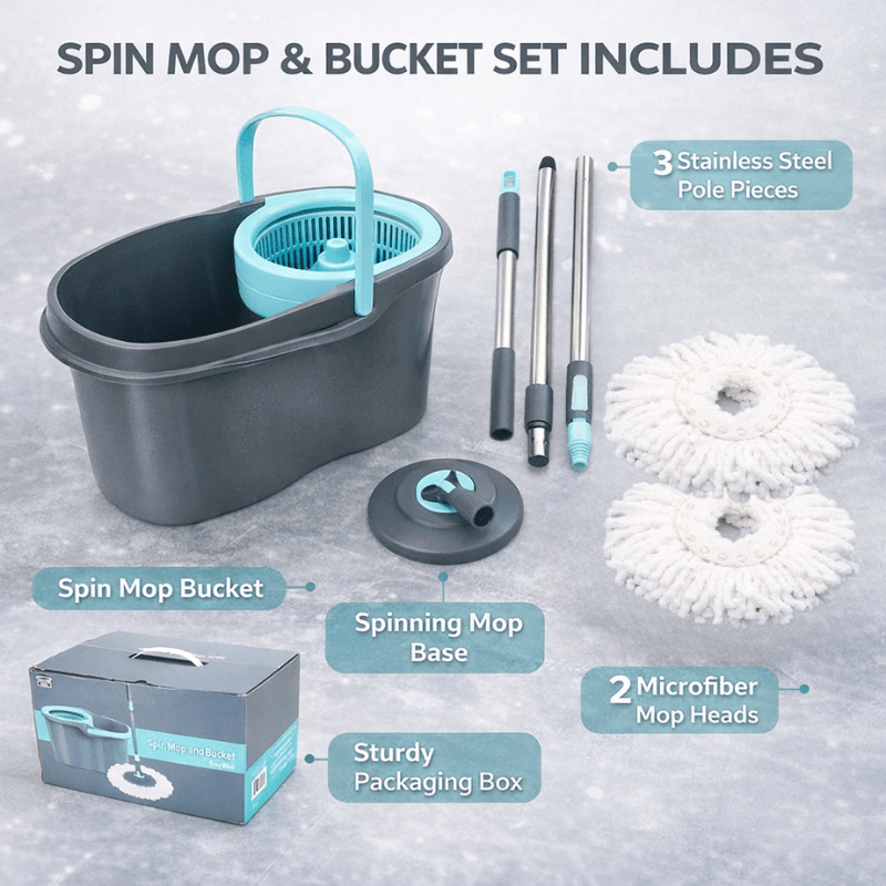 360° Spin Mop and Bucket Set with Wringer – Microfiber Mop Refills, Stainless Steel Extended Handle, Separate Compartment, Floor Cleaning System