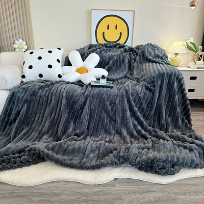 Fleece Throw Blanket Ultra-Soft 3D Faux Rabbit Fur Double-Sided – All-Season Cozy Blanket for Bed Sofa Travel Camping | 7 Colors 4 Sizes White Dark Gray Pink Khaki Purple Grey