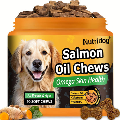 Dog Nutritional Supplement Soft Chews 90 Count with Probiotics Salmon Oil Chicken Flavor - Supports Coat Gut Health Immunity for Dogs All Ages 225g