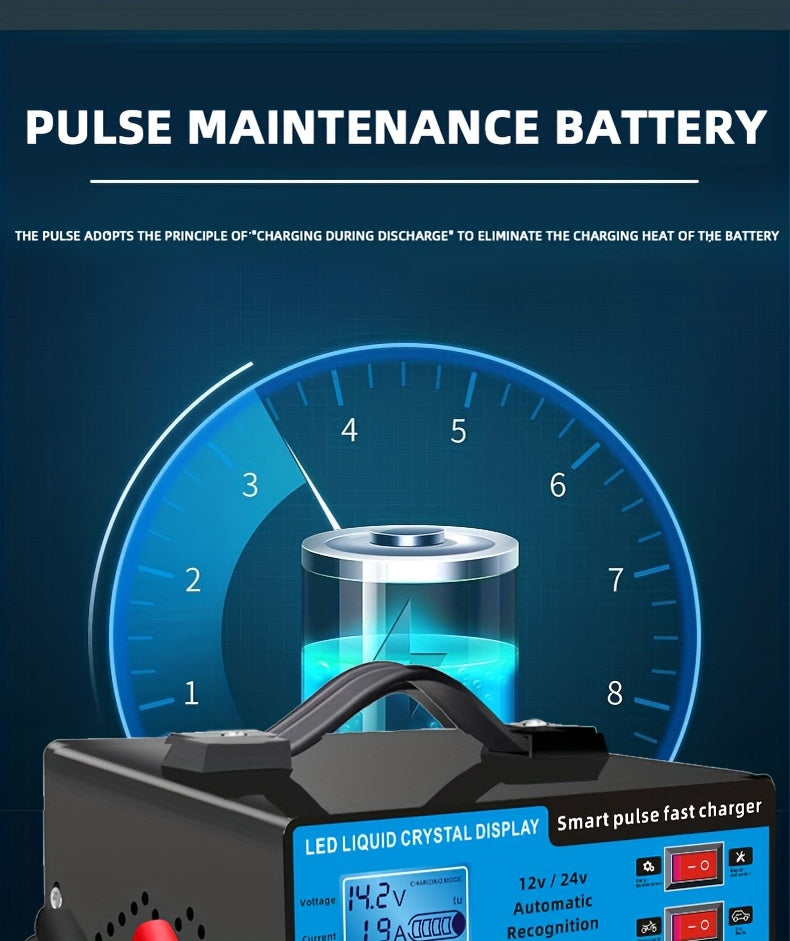 12V 24V Smart Battery Charger with LCD Display – Intelligent Trickle Charging, Overcharge & Short Circuit Protection, Universal Fit for Car, Truck, Motorcycle, Yacht & RV Batteries, Automatic Battery Maintainer & Conditioner
