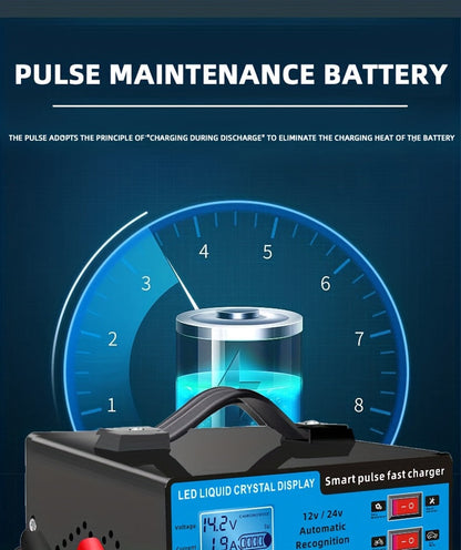 12V 24V Smart Battery Charger with LCD Display – Intelligent Trickle Charging, Overcharge & Short Circuit Protection, Universal Fit for Car, Truck, Motorcycle, Yacht & RV Batteries, Automatic Battery Maintainer & Conditioner