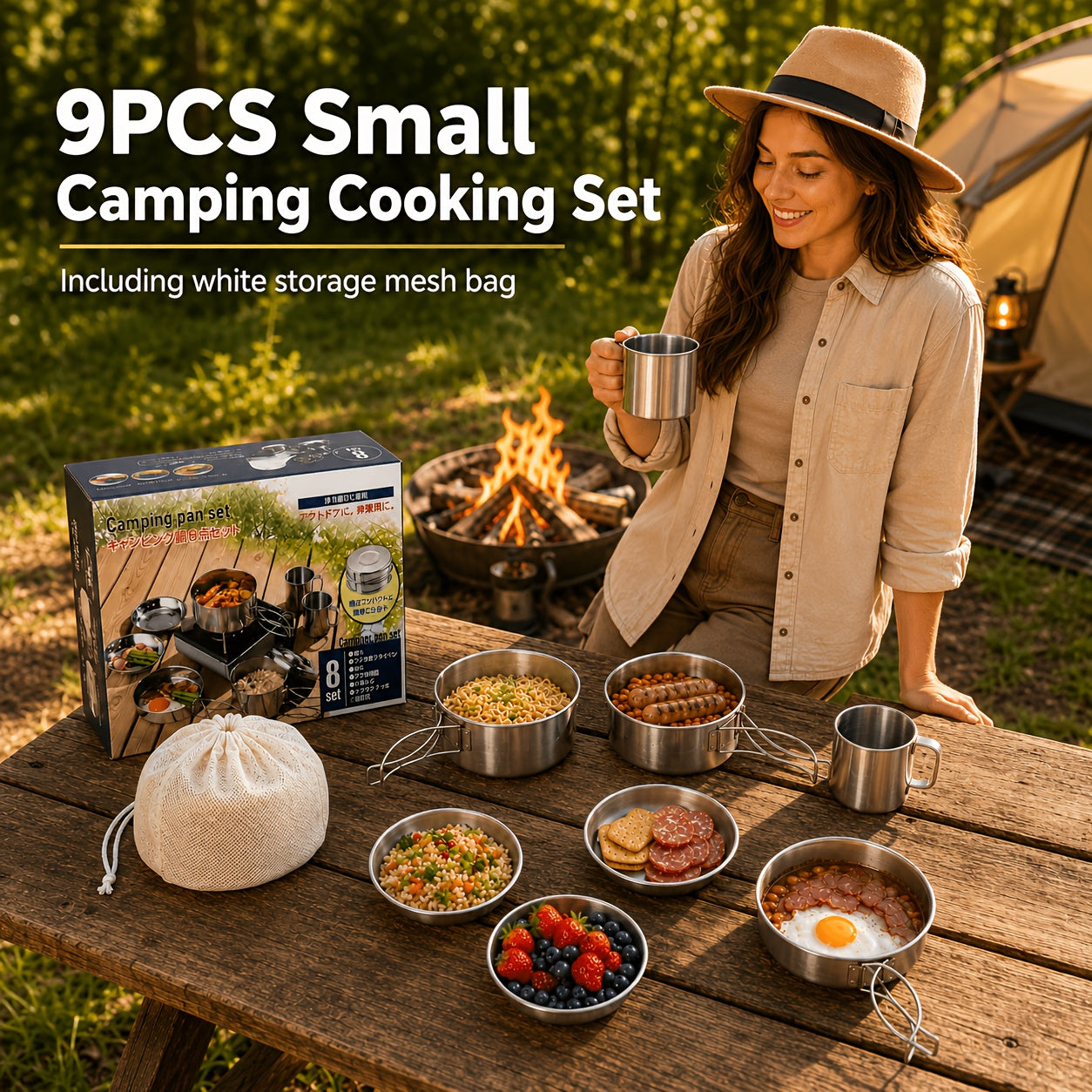 Camping Cookware Mess Kit 8/9/14/15 Piece, Portable Non-Stick Aluminum Alloy Camp Cook Set with Kettle Pot Frying Pan Plates Utensils, Lightweight Backpacking Outdoor Cooking Gear for Hiking & Travel